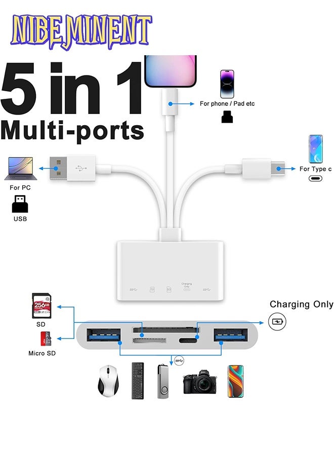 NIBEMINENT 5-in-1 Memory Card Reader, USB OTG Adapter & SD Card Reader for i-Phone/i-Pad, USB C and USB A Devices with Micro SD & SD Card Slots, Supports SD/Micro SD/SDHC/SDXC/MMC White - Image 5